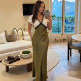Victoire | Robe Maxi Élégante en Satin Vert et Dentelle