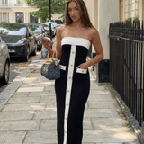 Léonie | Robe Maxi Noire Sans Bretelles à Boutons Contrastés