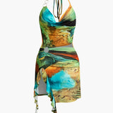 Sorelle | Robe mini halter à fente latérale asymétrique et imprimé artistique