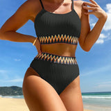 Léontine | Ensemble bikini 2 pièces taille haute motif chevron structuré noir