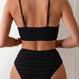 Amandine | Bikini texturé froncé taille haute élégant noir