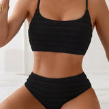 Amandine | Bikini texturé froncé taille haute élégant noir