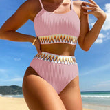 Léontine | Ensemble bikini 2 pièces taille haute motif chevron structuré noir
