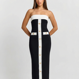 Léonie | Robe Maxi Noire Sans Bretelles à Boutons Contrastés