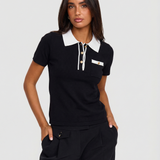 Eleanor | Polo en Tricot Noir Chic avec Contraste