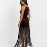 Margaux | Robe mini halter en velours à franges sculptantes