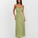 Adèle | Robe maxi fluide verte à volants