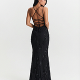 Justine | Robe Maxi Fleurie à Bretelles Croisées Noire