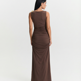 Inès | Robe Maxi Ruchée Élégante à Détail Doré