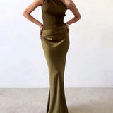 Cléophée | Robe longue plissée asymétrique à une épaule pour soirée