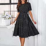 Ariella | Robe midi à pois avec ceinture – robe féminine à manches courtes et jupe évasée