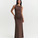 Inès | Robe Maxi Ruchée Élégante à Détail Doré