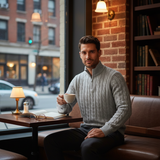 Cédric | Pull homme en laine mérinos à col demi-zip et tricot à câbles