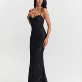Justine | Robe Maxi Fleurie à Bretelles Croisées Noire