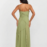 Adèle | Robe maxi fluide verte à volants