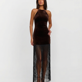 Margaux | Robe mini halter en velours à franges sculptantes
