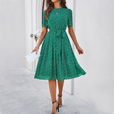 Ariella | Robe midi à pois avec ceinture – robe féminine à manches courtes et jupe évasée