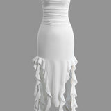 Noléva | Robe maxi sans bretelles à volant asymétrique