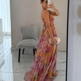 Céline | Robe maxi fleurie à taille haute et bretelles réglables