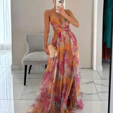 Céline | Robe maxi fleurie à taille haute et bretelles réglables
