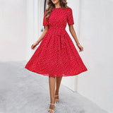 Ariella | Robe midi à pois avec ceinture – robe féminine à manches courtes et jupe évasée