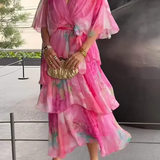 Anaïs | Robe midi femme à col V, taille nouée et volants fluides