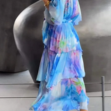 Anaïs | Robe midi femme à col V, taille nouée et volants fluides