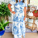 Apolline | Robe longue à motif toile au style classique raffiné