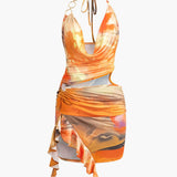 Sorelle | Robe mini halter à fente latérale asymétrique et imprimé artistique