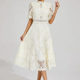 Océane | Robe midi femme en dentelle ajourée à coupe évasée