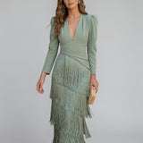 Manon | Robe midi femme à col V avec taille drapée et franges à étages