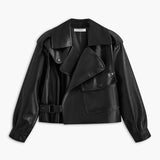 Valériane | Veste biker en simili cuir noir – coupe cropped asymétrique élégante