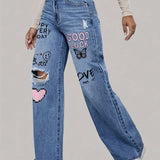 Océane | Jean oversize à motifs cœur et graffiti – denim urbain tendance