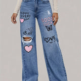 Océane | Jean oversize à motifs cœur et graffiti – denim urbain tendance