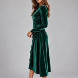 Faustine | Robe midi en velours à taille froncée et jupe asymétrique