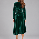 Faustine | Robe midi en velours à taille froncée et jupe asymétrique
