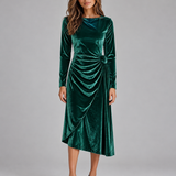 Faustine | Robe midi en velours à taille froncée et jupe asymétrique