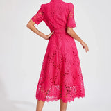 Océane | Robe midi femme en dentelle ajourée à coupe évasée