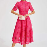 Océane | Robe midi femme en dentelle ajourée à coupe évasée