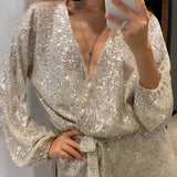 Garance | Combinaison Pantalon à Paillettes avec Décolleté en V et Manches Longues