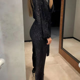 Garance | Combinaison Pantalon à Paillettes avec Décolleté en V et Manches Longues