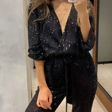Garance | Combinaison Pantalon à Paillettes avec Décolleté en V et Manches Longues