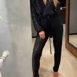 Garance | Combinaison Pantalon à Paillettes avec Décolleté en V et Manches Longues