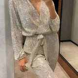 Garance | Combinaison Pantalon à Paillettes avec Décolleté en V et Manches Longues