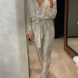 Garance | Combinaison Pantalon à Paillettes avec Décolleté en V et Manches Longues