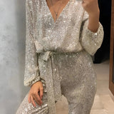 Garance | Combinaison Pantalon à Paillettes avec Décolleté en V et Manches Longues