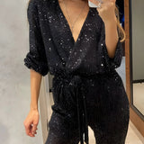 Garance | Combinaison Pantalon à Paillettes avec Décolleté en V et Manches Longues
