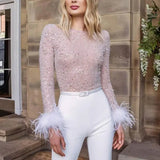 Amicie | Combinaison Pailletée avec Ceinture en Plumes et Manches Longues