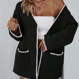 Capucine | Cardigan long femme à poches et bordure contrastante