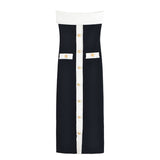 Léonie | Robe Maxi Noire Sans Bretelles à Boutons Contrastés